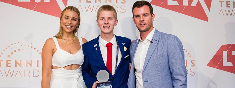 LTA Young volunteer of the year Jonathon Dawes with Chessie King and Leon Smith