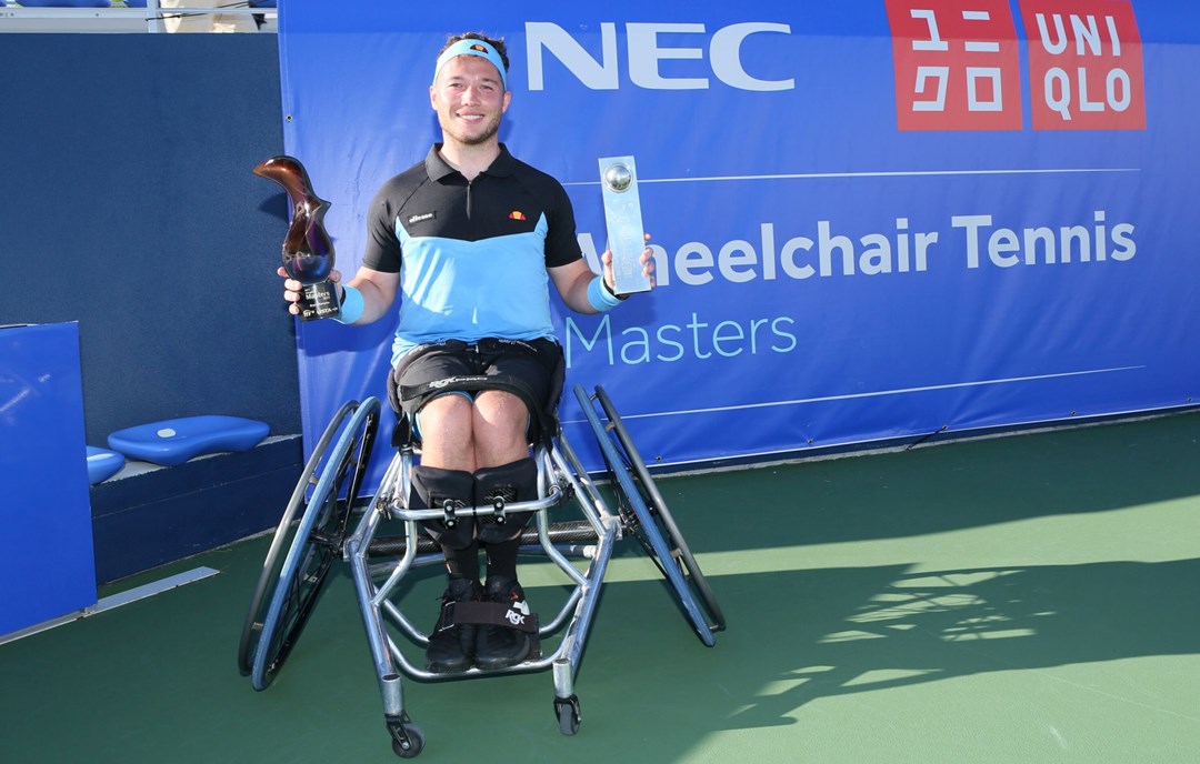 Alfie Hewett photographed during the trophy presentation following his victory in the men's final at the 2021 Wheelchair Masters