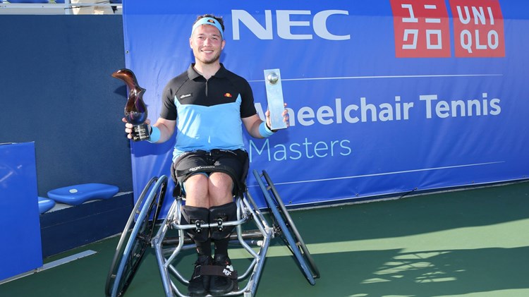 Alfie Hewett photographed during the trophy presentation following his victory in the men's final at the 2021 Wheelchair Masters
