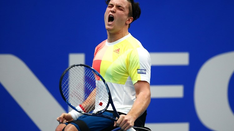 Gordon Reid celebrates winning his NEC Wheelchair Tennis Masters semi-final