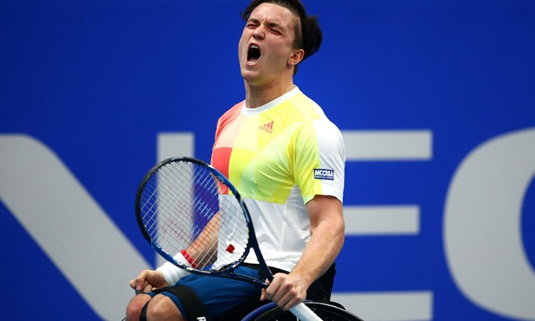Gordon Reid celebrates winning his NEC Wheelchair Tennis Masters semi-final