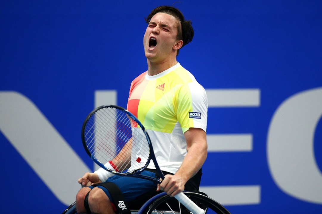 Gordon Reid celebrates winning his NEC Wheelchair Tennis Masters semi-final