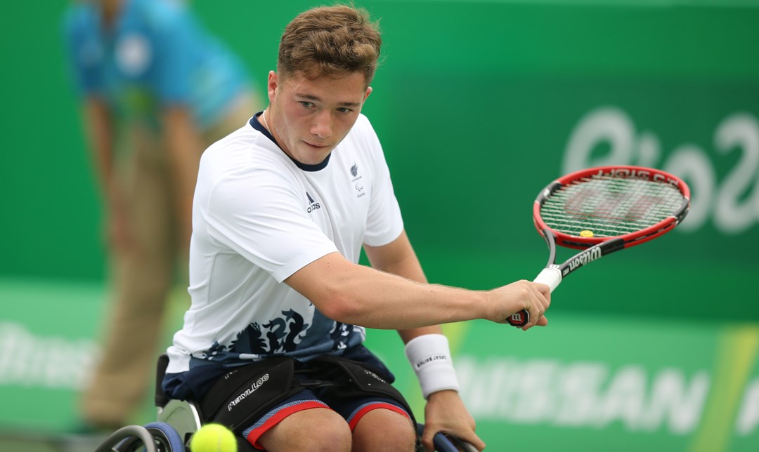 Alfie Hewett playing a backhand at the 2016 Rio Paralympics