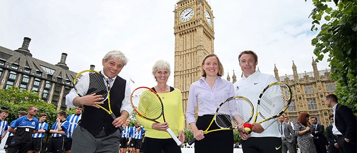 Judy Murray, Graeme Le Saux and a host of Parliamentarians holding tennis rackets in front of Big Ben