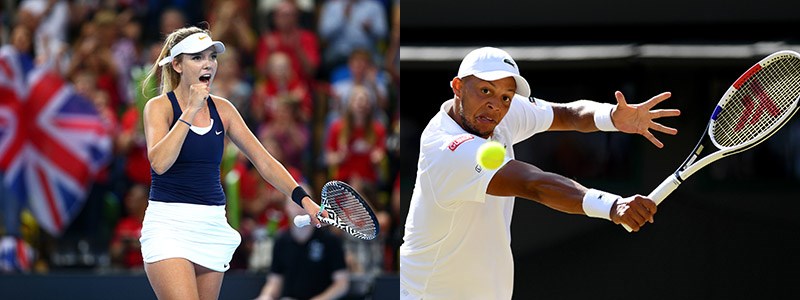 Jay Clarke performing a backhand and Katie Boulter celebrating a point at the Fed Cup