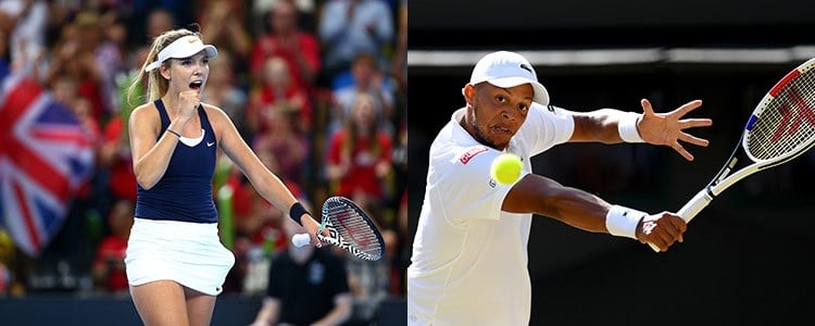 Jay Clarke performing a backhand and Katie Boulter celebrating a point at the Fed Cup