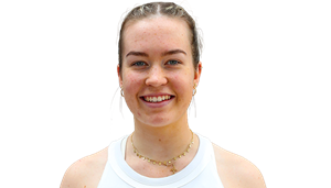 A front-on headshot of British padel player Tia Norton smiling