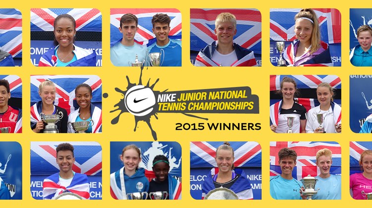 25 Junior tennis players with trophies and the United Kingdom flag around them