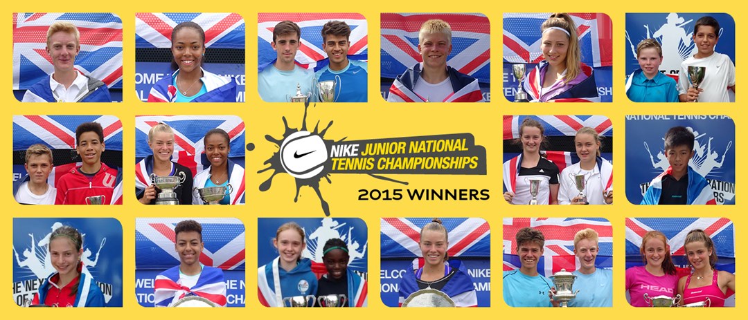 25 Junior tennis players with trophies and the United Kingdom flag around them