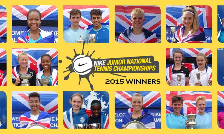 25 Junior tennis players with trophies and the United Kingdom flag around them