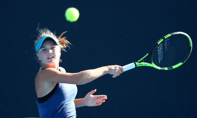 An image of Sweden's Caijsa Hennemann hitting a forehand on court