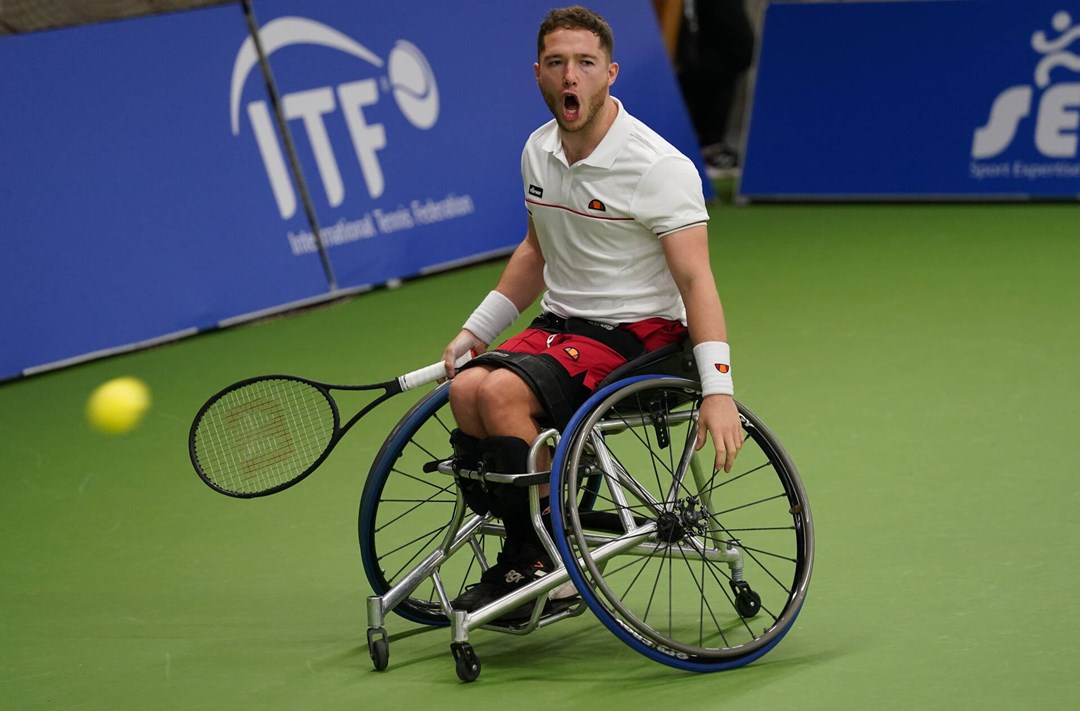 Alfie Heweet celebrates winning a point at the NEC Wheelchair Singles Masters  2022