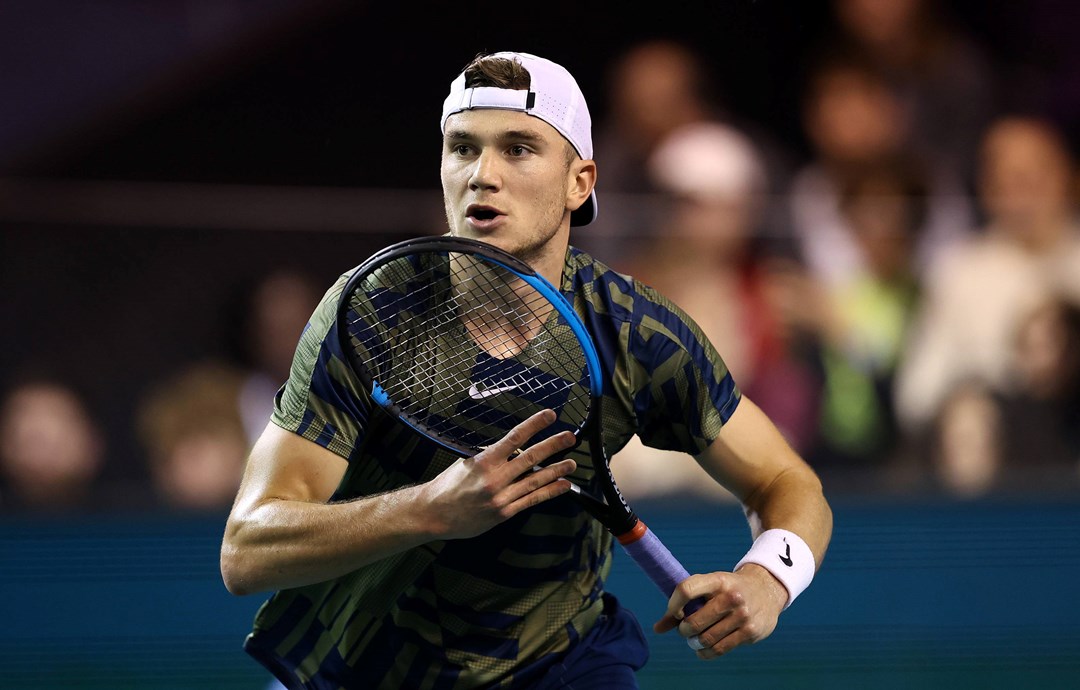 Jack Draper prepares to hit a forehand during his first round win at the Rolex Paris Masters 2022