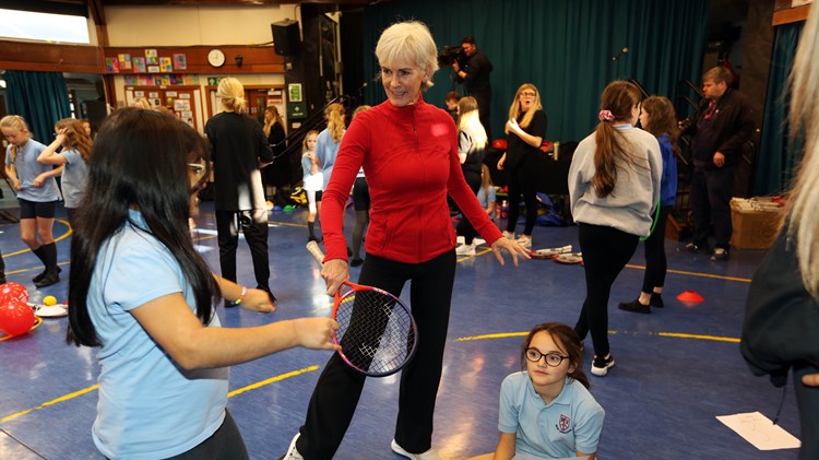 Judy Murray coaching young girls at an LTA Youth Schools workshop