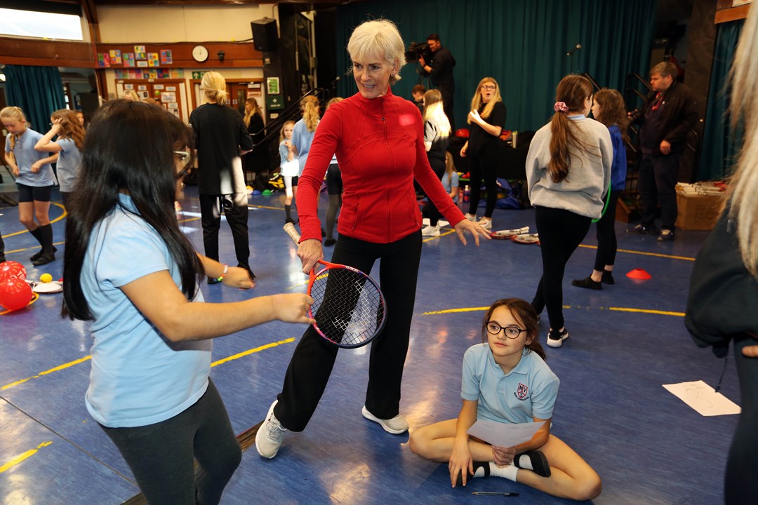 Judy Murray coaching young girls at an LTA Youth Schools workshop