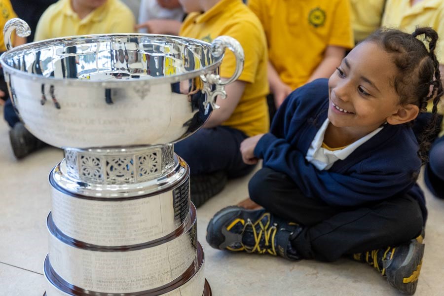 billie jean king cup trophy tour with school child