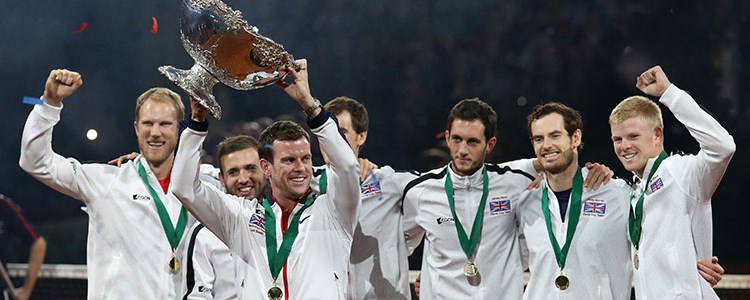 The 2015 Davis Cup team celebrate with their trophy in the air