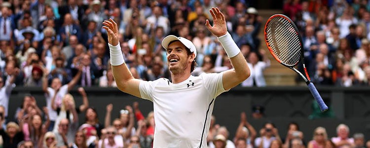 Andy Murray celebrating at Wimbledon in 2016 after winning match point