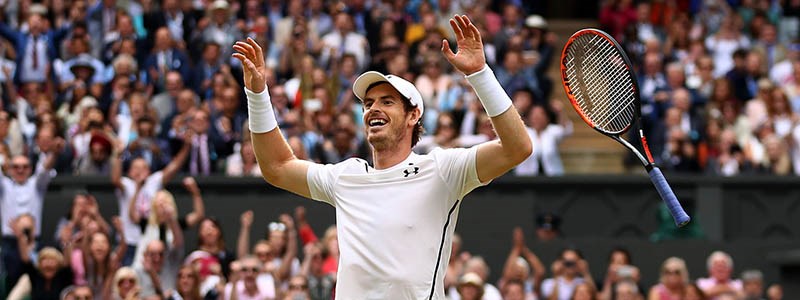 Andy Murray celebrating at Wimbledon in 2016 after winning match point