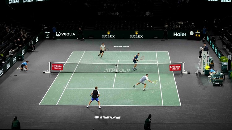 View of a doubles match at the Rolex Paris Masters