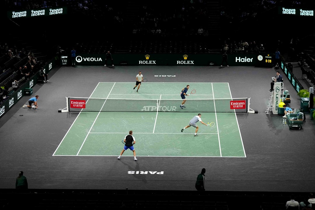 View of a doubles match at the Rolex Paris Masters