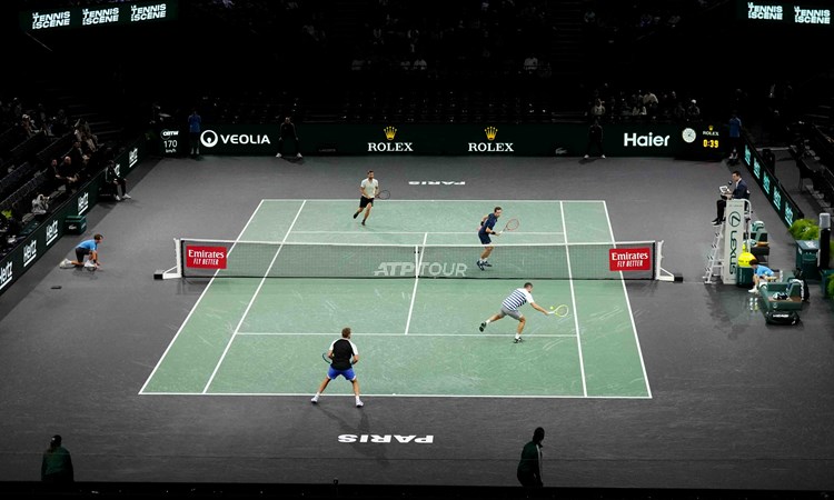 View of a doubles match at the Rolex Paris Masters