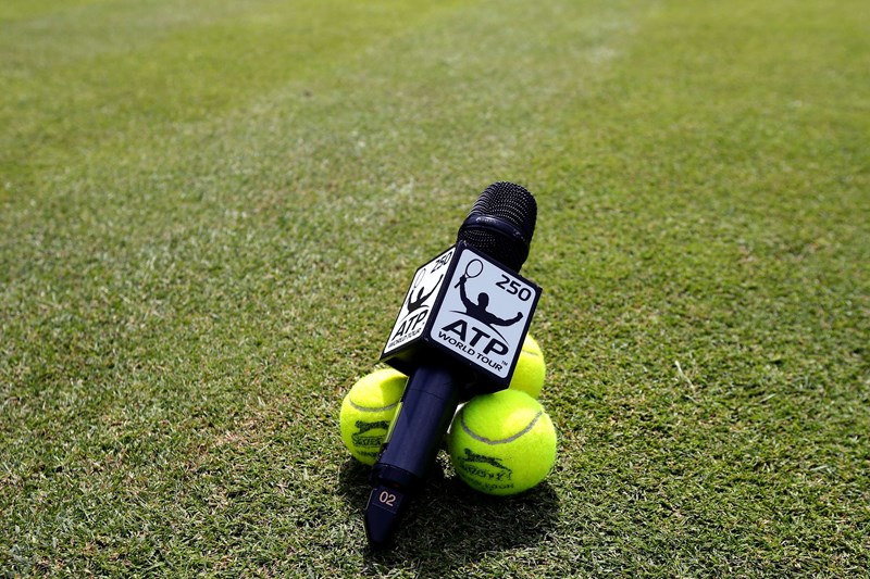 The court announcers microphone is seen prior to day five of the ATP Aegon Open Nottingham at Nottingham Tennis Centre on June 24, 2016 in Nottingham