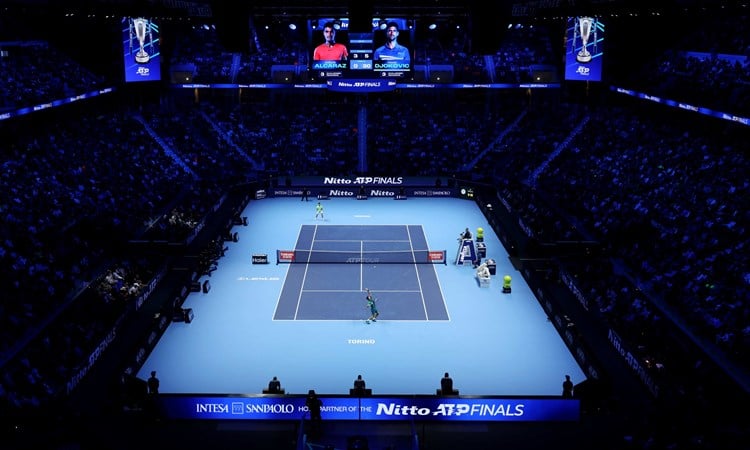 A general view looking down onto court at the Nitto ATP Finals as Novak Djokovic and Carlos Alcaraz play against each other