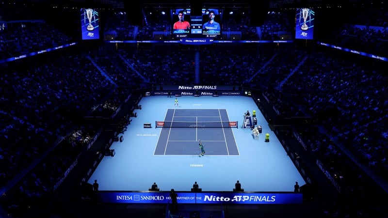 A general view looking down onto court at the Nitto ATP Finals as Novak Djokovic and Carlos Alcaraz play against each other