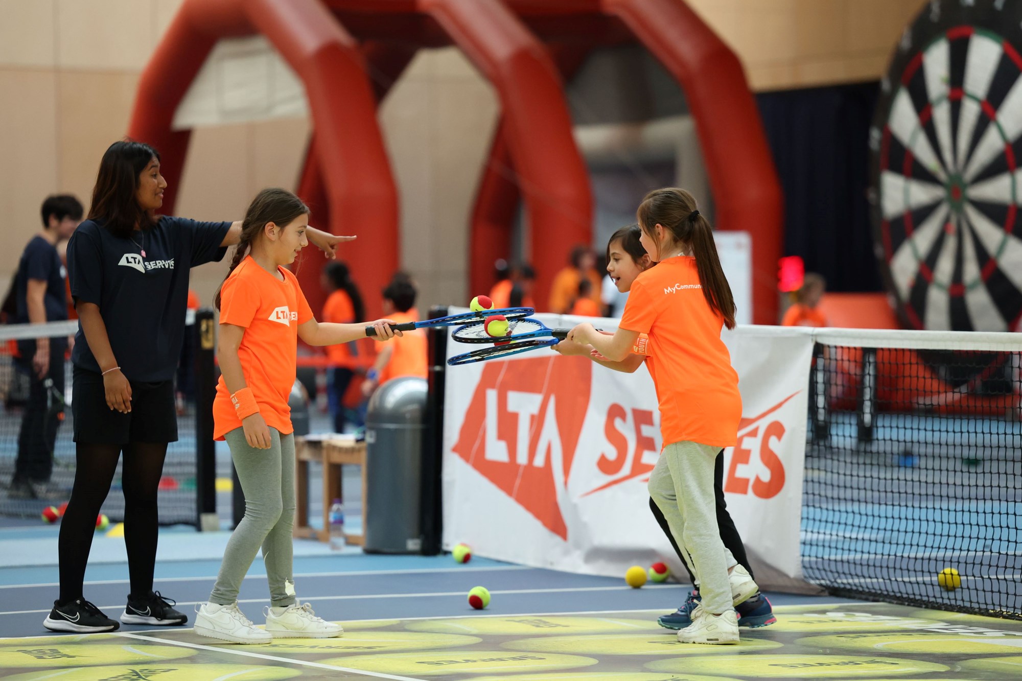 The kids pictured getting stuck into all the different activity stations at the LTA SERVES Tennis Festival at the Lee Valley Hockey and Tennis Centre, London. 