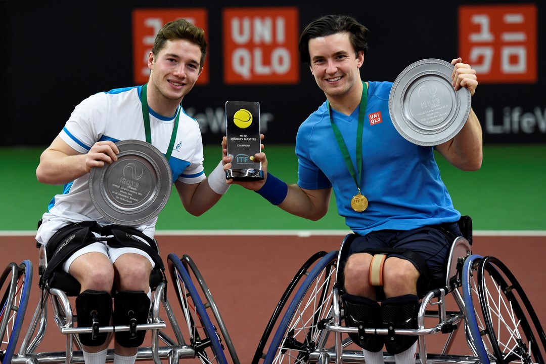 Alfie Hewett and Gordon Reid pose with their Doubles Masters trophies in 2017