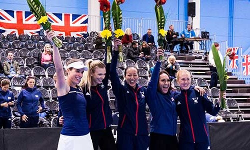 The 2018 GB women's tennis team celebrating at the Fed Cup