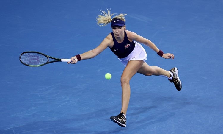 Katie Boulter plays a forehand against Kazakhstan's Yulia Putintseva at the 2022 Billie Jean King Cup at the Emirates Arena, Glasgow
