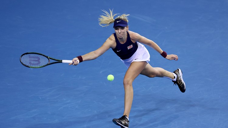 Katie Boulter plays a forehand against Kazakhstan's Yulia Putintseva at the 2022 Billie Jean King Cup at the Emirates Arena, Glasgow