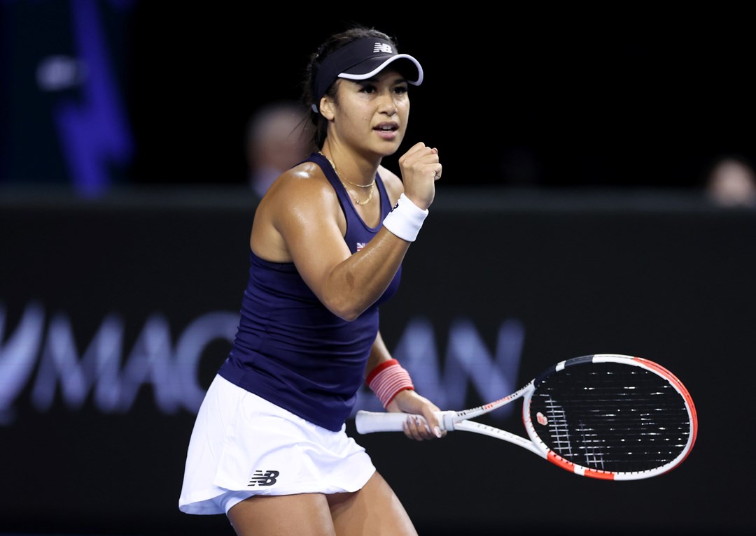 Heather Watson celebrating after winning a point against Nuria Parrizas Diaz in Great Britain's tie against Spain at the 2022 Billie Jean King Cup