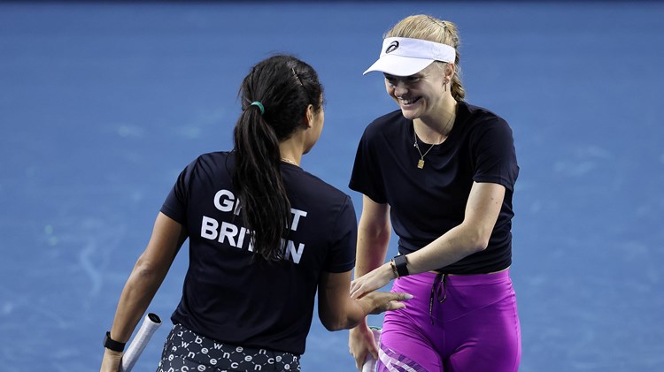 Harriet Dart high fives Heather Watson in training for the Billie Jean King Cup Finals