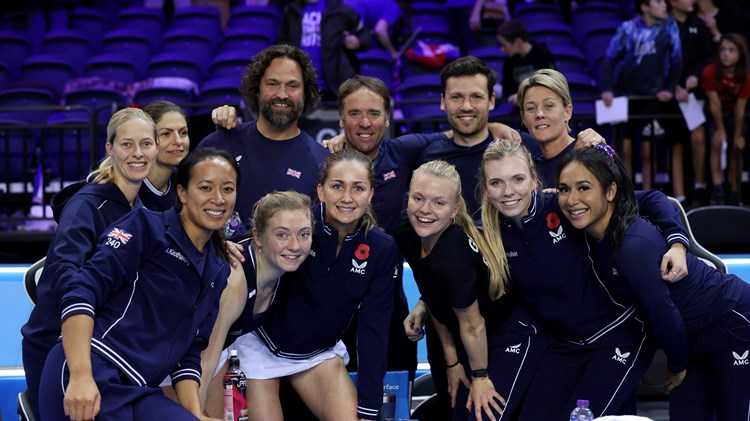 The British Billie Jean King Cup team after defeating Spain to reach the semi-finals