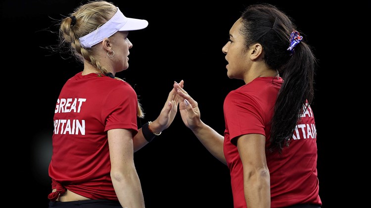 Harriet Dart and Heather Watson during a practice session prior to the Billie Jean King Cup at Emirates Arena