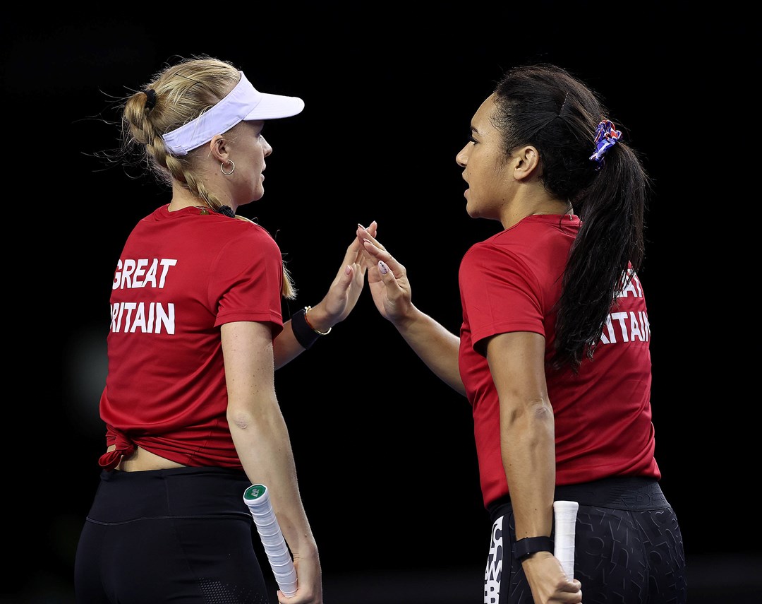 Harriet Dart and Heather Watson during a practice session prior to the Billie Jean King Cup at Emirates Arena