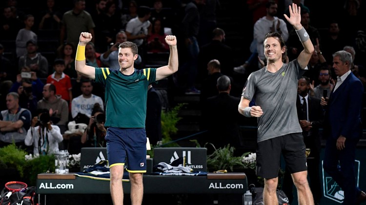 Neal Skupski and Wesley Koolhof celebrate winning the Rolex Paris Masters 2022