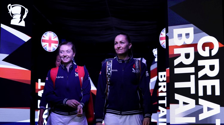 Alicia Barnett and Olivia Nicholls walking onto court ahead of their doubles rubber against Kazakhstan's Elena Rybakina and Anna Danilina at the 2022 Billie Jean King Cup in Glasgow