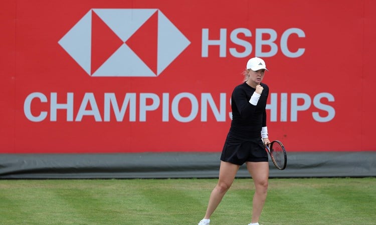 Britain's Francesca Jones gives a fist pump during a match at the HSBC Championships