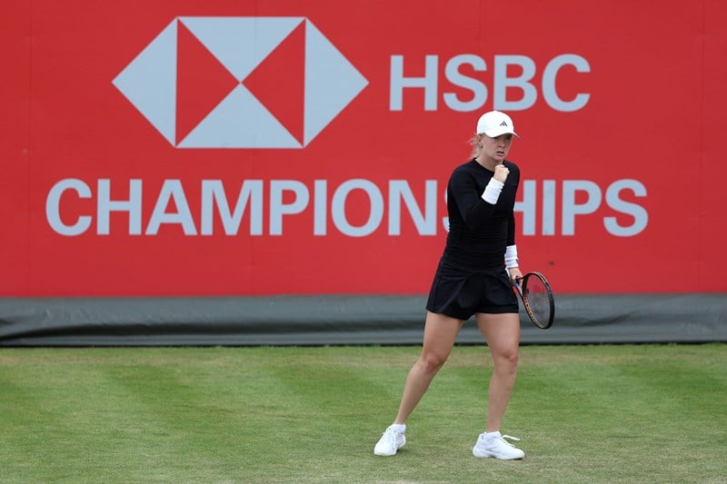 Britain's Francesca Jones gives a fist pump during a match at the HSBC Championships