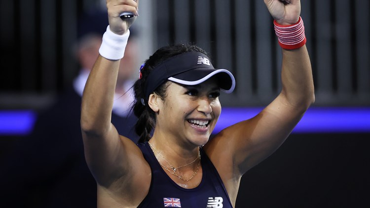 Heather Watson celebrates her victory at the Billie Jean King Cup Finals 2022 against Spain