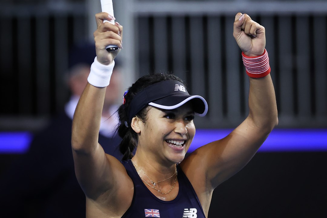 Heather Watson celebrates her victory at the Billie Jean King Cup Finals 2022 against Spain