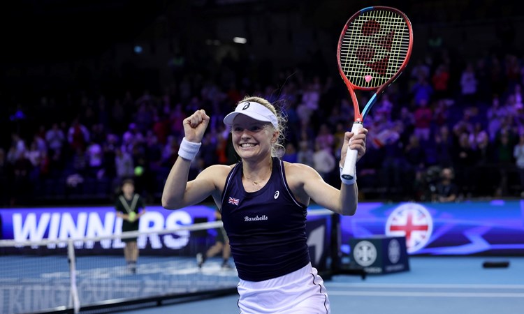 Harriet Dart celebrates her victory at the Billie Jean King Cup Finals 2022 against Spain