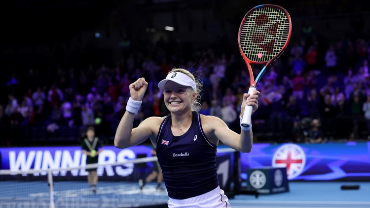 Harriet Dart celebrates her victory at the Billie Jean King Cup Finals 2022 against Spain