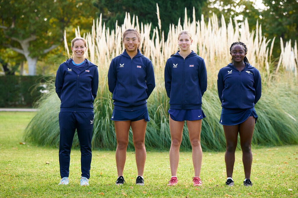 Great Britain Junior Billie Jean King Cup team with coach support staff at the 2023 finals