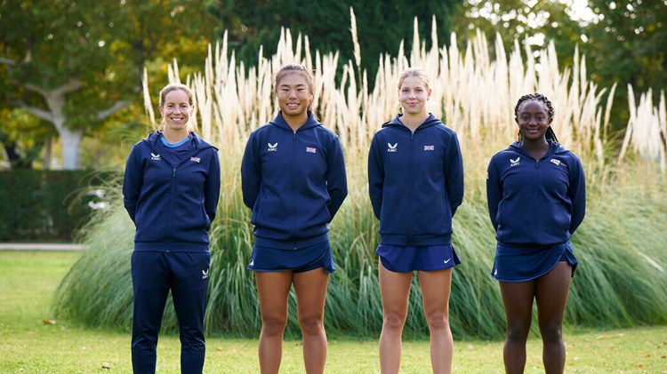 Great Britain Junior Billie Jean King Cup team with coach support staff at the 2023 finals