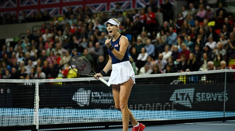 Katie Boulter celebrates her first win over Sweden at the Billie Jean King Cup